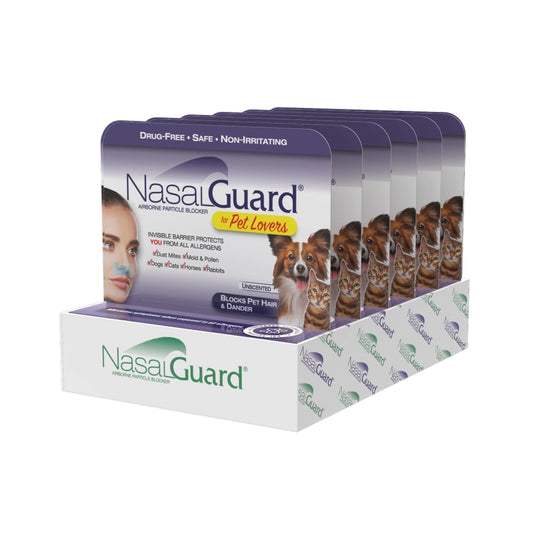 NasalGuard pet dander protection application shows a quick, drug-free nasal shield.