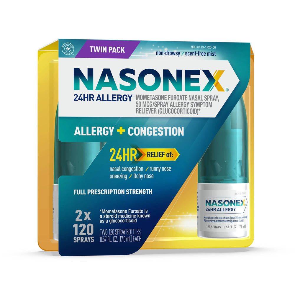 Nasonex 24HR allergy nasal spray bottle for all-day congestion relief.