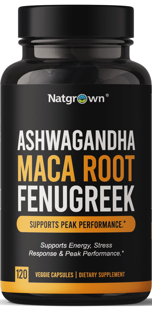 Natgrown Ashwagandha Maca Fenugreek capsules bottle supports daily energy