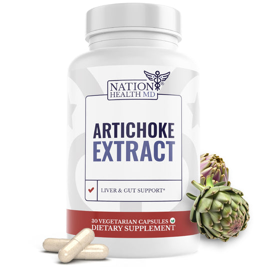 Nation Health MD Artichoke 500mg bottle supports digestive wellness naturally.