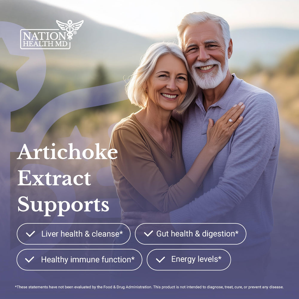 Nation Health MD Artichoke 500mg front label highlights gluten-free and non-GMO features.
