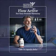 Nation Health MD Flow Active blister pack scene illustrating convenient daily capsules.