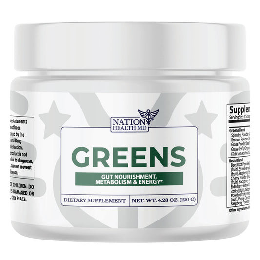 Nation Health MD Greens tub label showing organic greens blend for daily greens support.