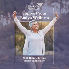 Nation Health MD Lymph MD bottle against leafy greens backdrop.