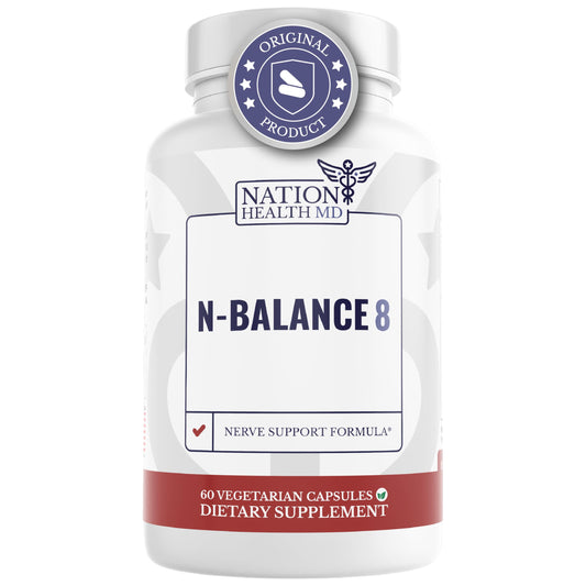 Nation Health MD N-Balance8 bottle front view for convenient nerve support.