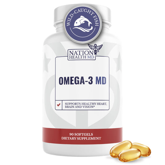 Nation Health MD Omega-3 bottle front showing 90 softgels for daily wellness