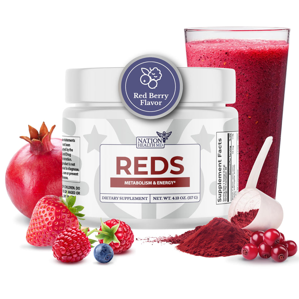 Nation Health MD Reds Powder bottle showing antioxidant-rich blend for daily wellness.