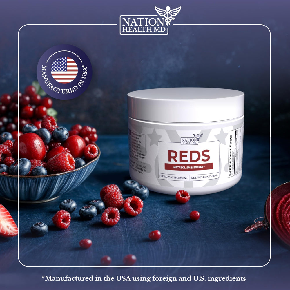 Nation Health MD Reds Powder with berries in a smoothie for a vibrant morning.