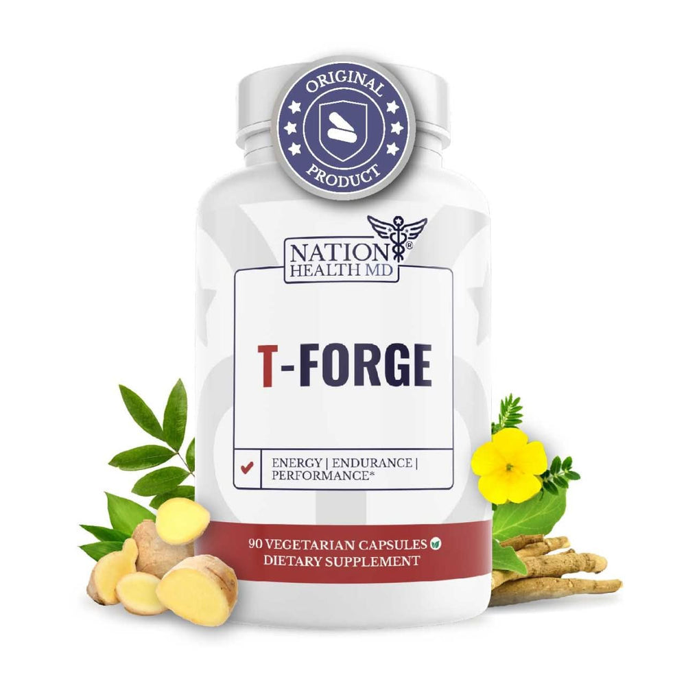 NATION HEALTH MD T-Forge energy capsules on bottle for daily vitality.