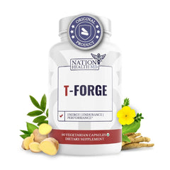 NATION HEALTH MD T-Forge energy capsules on bottle for daily vitality.