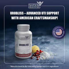 NATION HEALTH MD UroBliss D-Mannose and cranberry ingredients support urinary wellness.