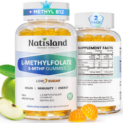 NATISLAND L-Methylfolate Gummies bottle front for easy, highly absorbable brain-supporting folate.