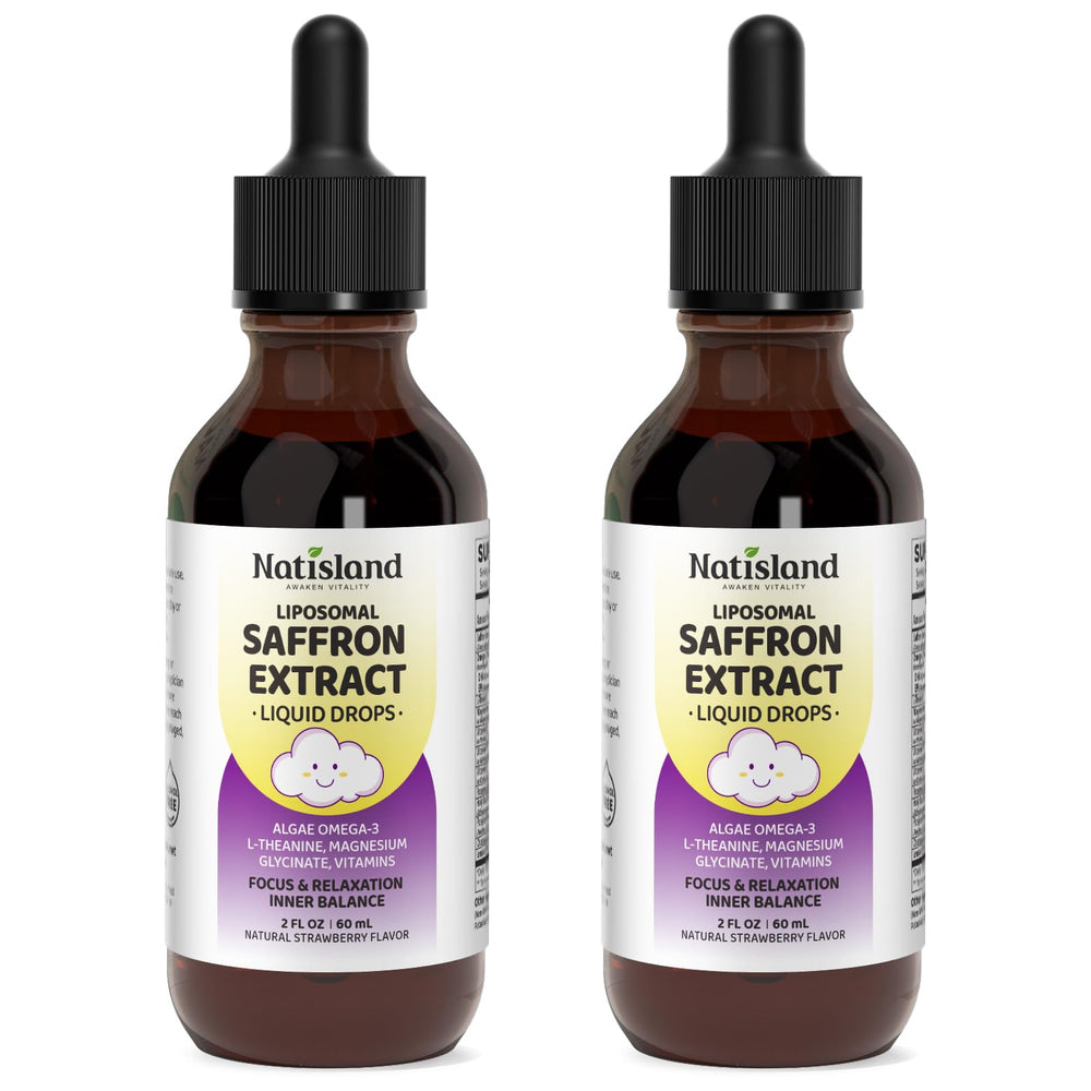 NATISLAND Liposomal Saffron Drops for Kids bottle close-up highlighting a kid-friendly focus support