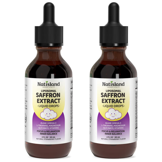 NATISLAND Liposomal Saffron Drops for Kids bottle close-up highlighting a kid-friendly focus support