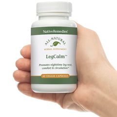 LegCalm label design showing dosage details.