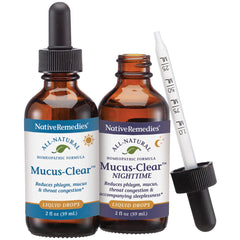Native Remedies Mucus-Clear Nighttime bottle offers safe overnight mucus relief.
