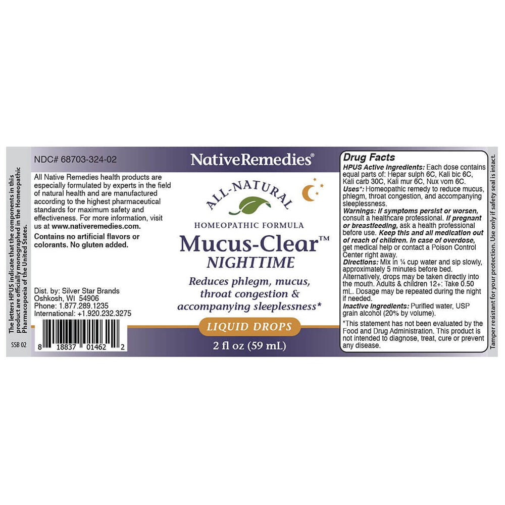 Native Remedies Mucus-Clear usage instructions show simple dosing.