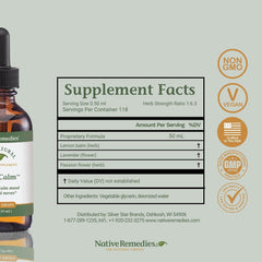 Native Remedies PureCalm tincture bottle label shows premium whole herb process.