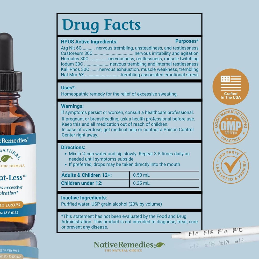 Native Remedies Sweat-Less label lists 100% homeopathic ingredients