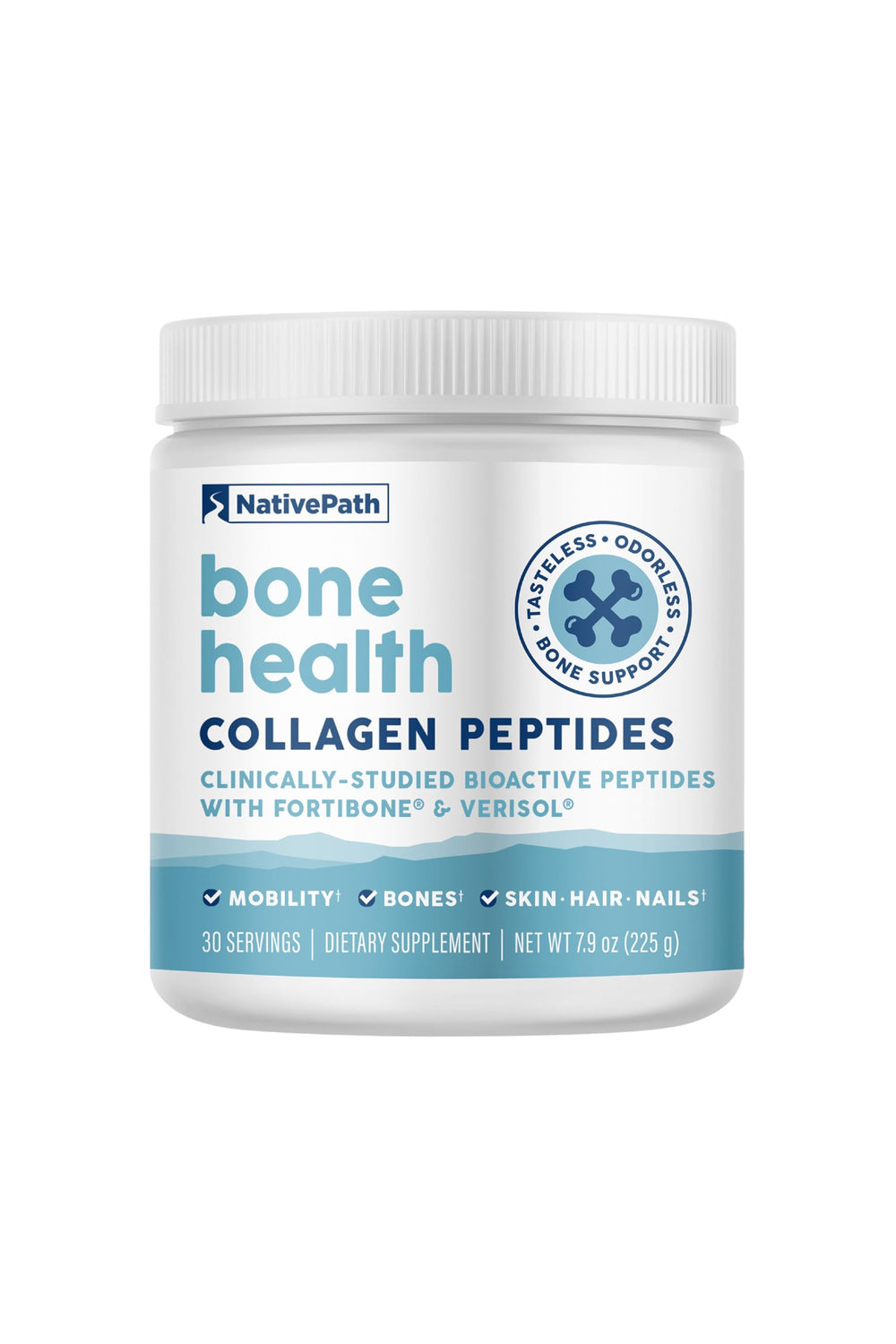 NativePath Bone Health Collagen bottle with Fortibone and Verisol for joint support.