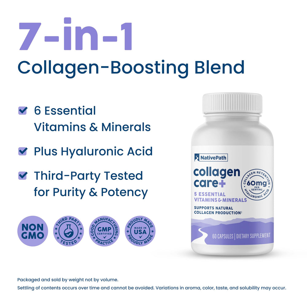 NativePath Collagen Care+ bottle beside a glass of water, convenient daily supplement.