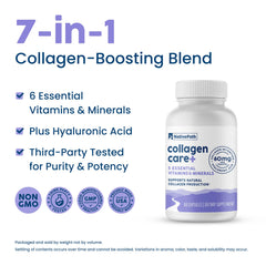 NativePath Collagen Care+ bottle beside a glass of water, convenient daily supplement.