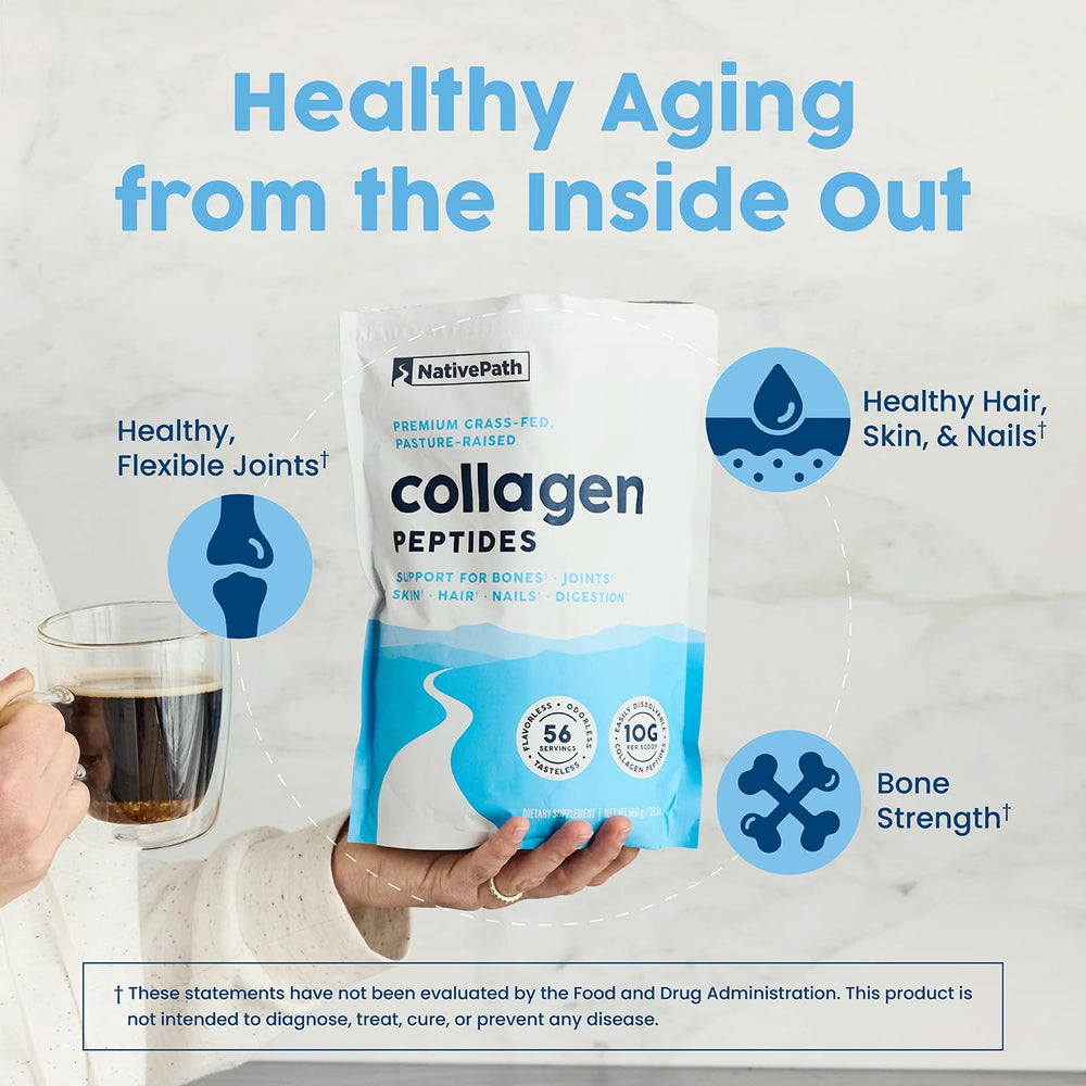 NativePath Collagen Peptides visual focused on skin, hair, and nails appearance.