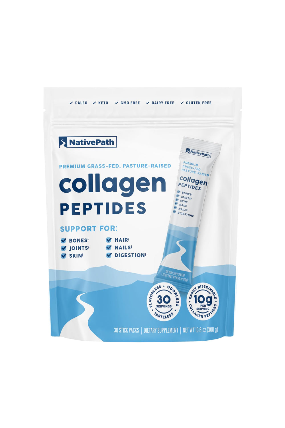 NativePath collagen stick pack in travel scene for on-the-go daily supplementation