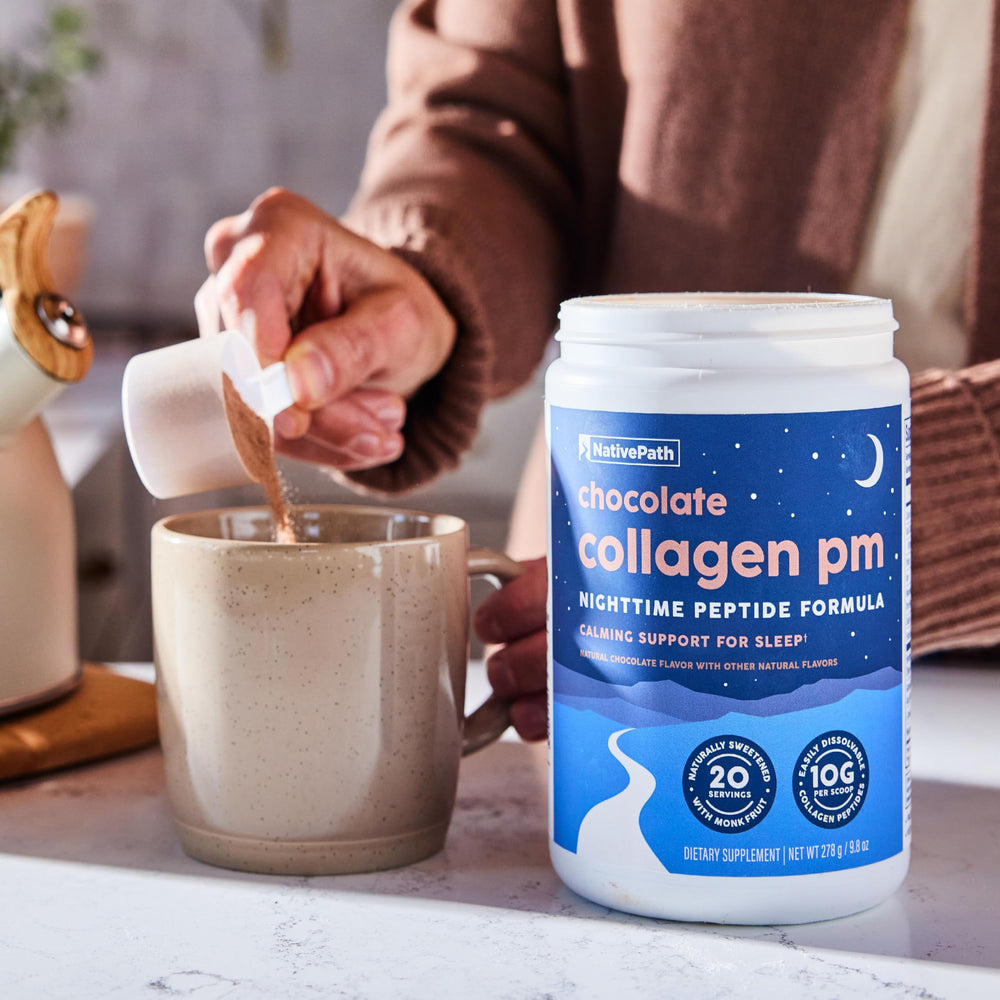 NativePath Collagen PM chocolate ingredients panel highlighting sleep-support formula