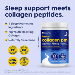 NativePath Collagen PM Lemon ingredients list showing melatonin, magnesium, GABA, and L-theanine.