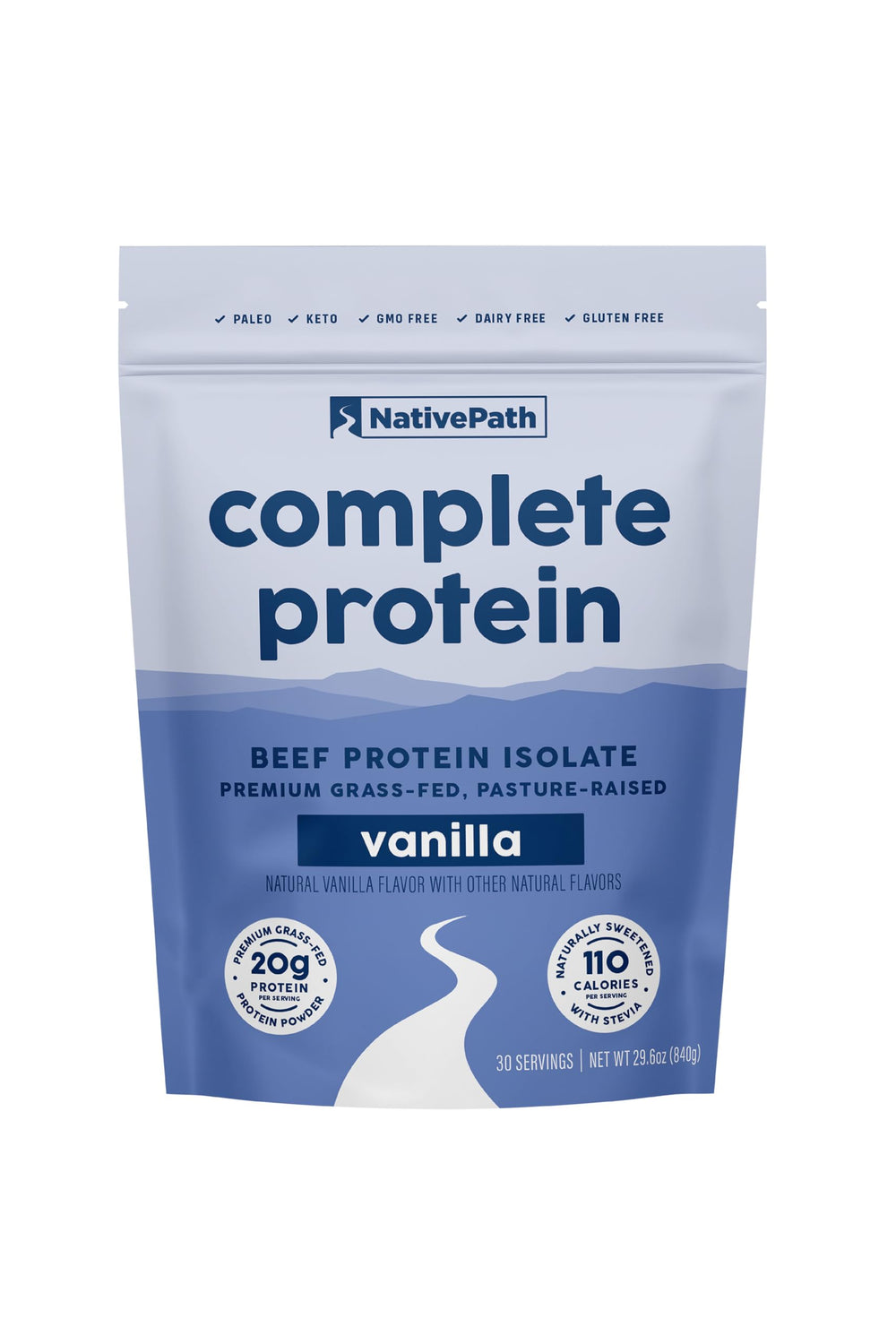 NativePath complete beef protein powder tub vanilla for post-workout recovery.