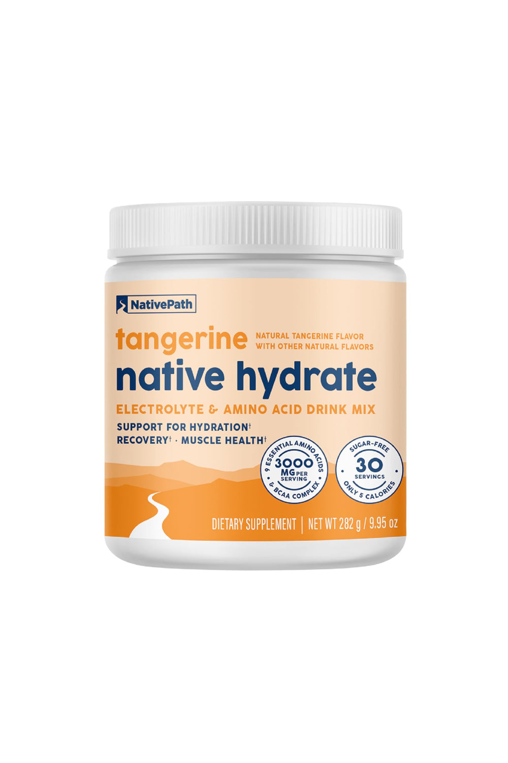 NativePath Hydrate Tangerine powder tub showing the 3-in-1 hydration formula.