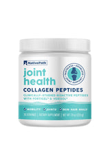 NativePath Joint Health Advanced Formula bottle closeup highlighting grass-fed collagen for joints.