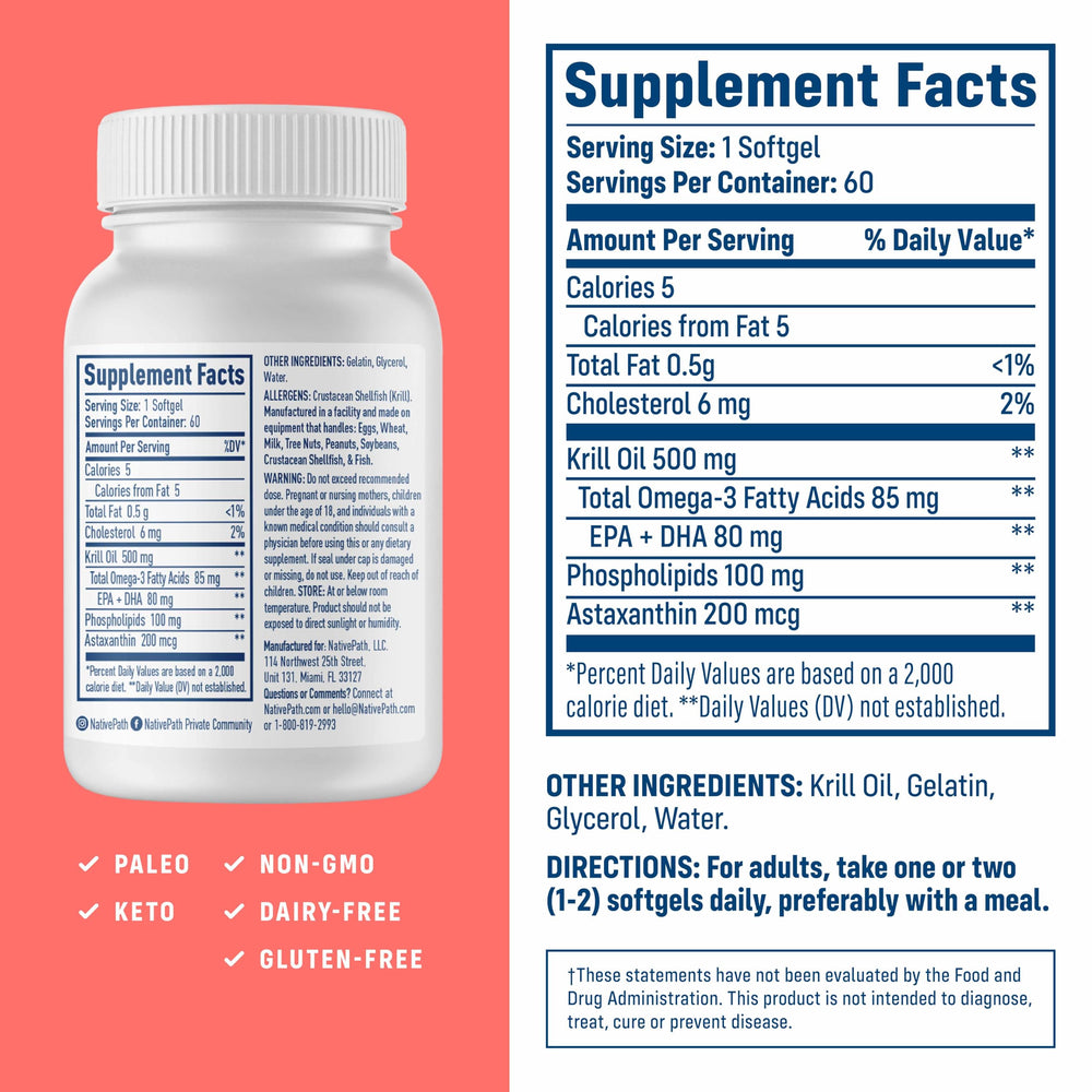 NativePath krill oil softgels closeup highlights easy one-per-day dose.