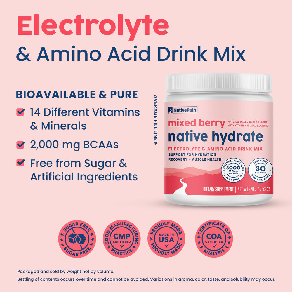 Pouring Native Hydrate into a glass yields a refreshing berry drink.