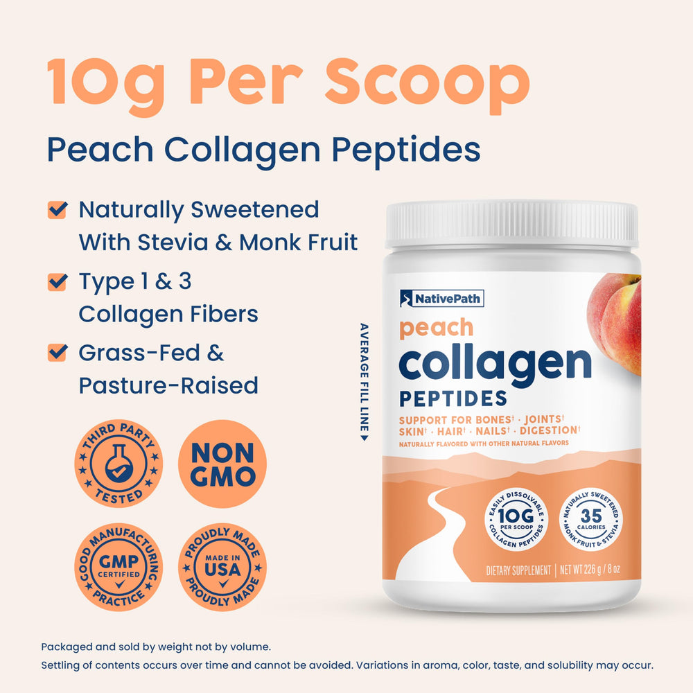 NativePath Peach Collagen glass with ready drink highlighting peach flavor.
