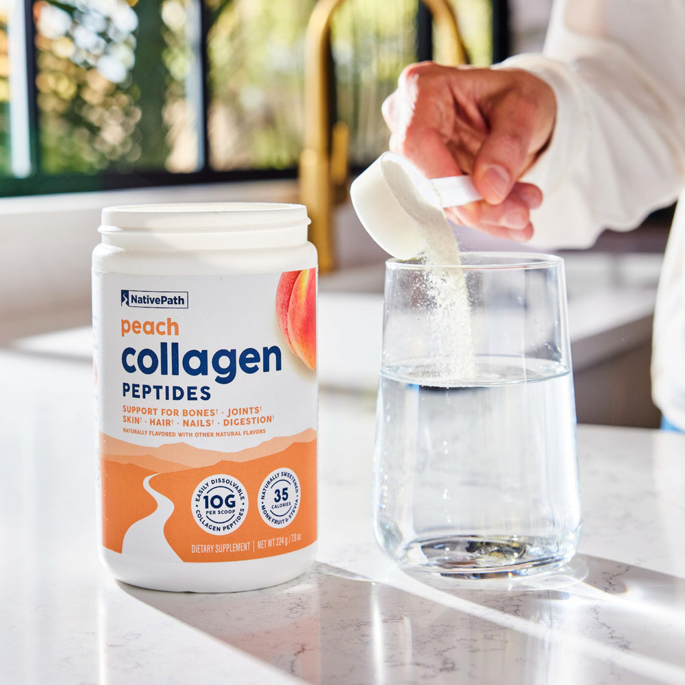 NativePath Peach Collagen measuring scoop highlights a consistent daily portion.