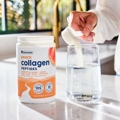 NativePath Peach Collagen measuring scoop highlights a consistent daily portion.