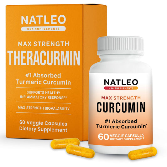 Natleo Theracurmin bottle shows high-absorption turmeric formula for daily use.