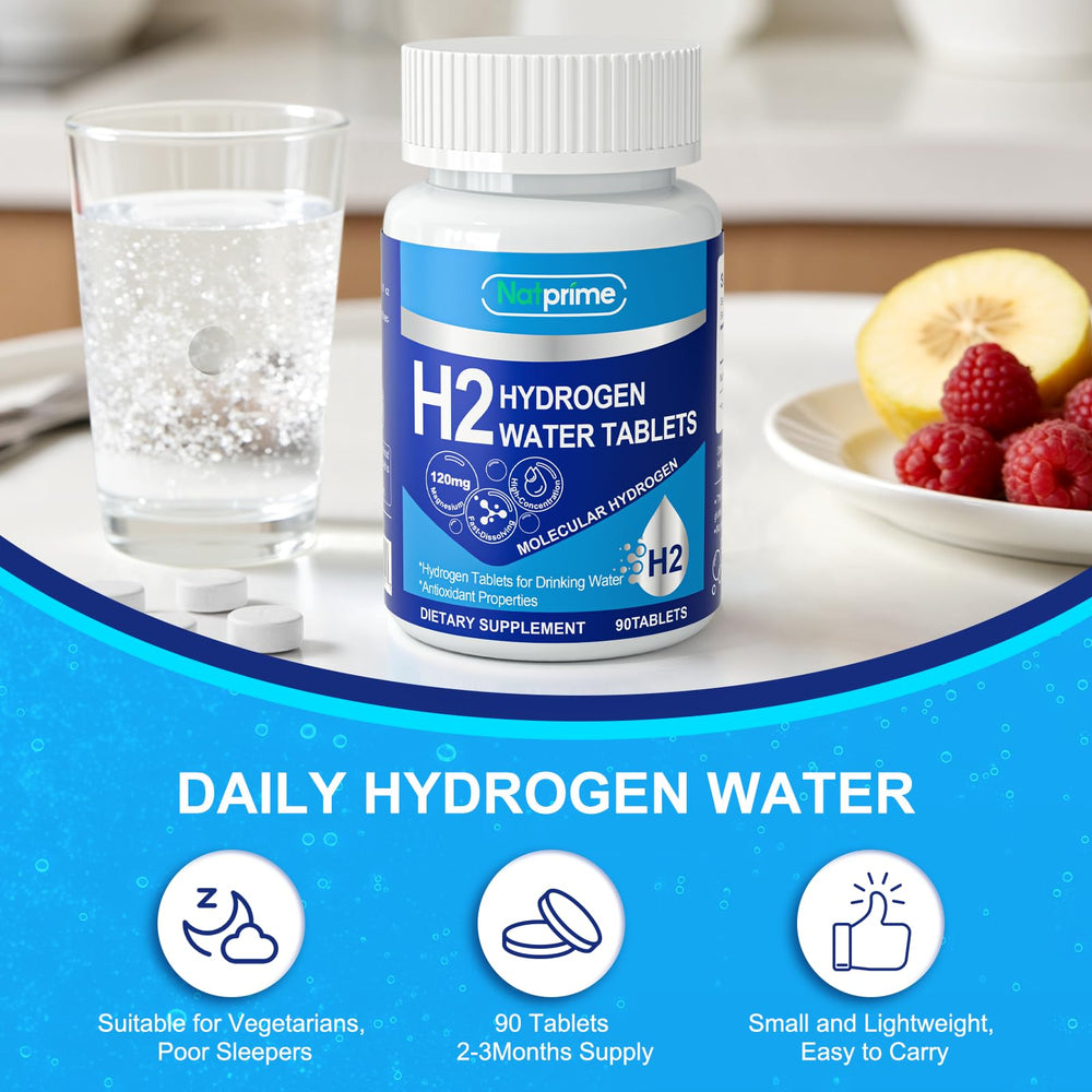 Natprime hydrogen tablets in a 90 count bottle ready for travel or gym use