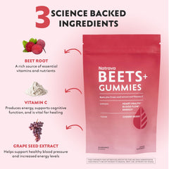 Natrava Beets+ Gummies label detail with ingredients and benefits.