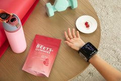 Natrava Beets+ Gummies on kitchen counter for daily wellness.