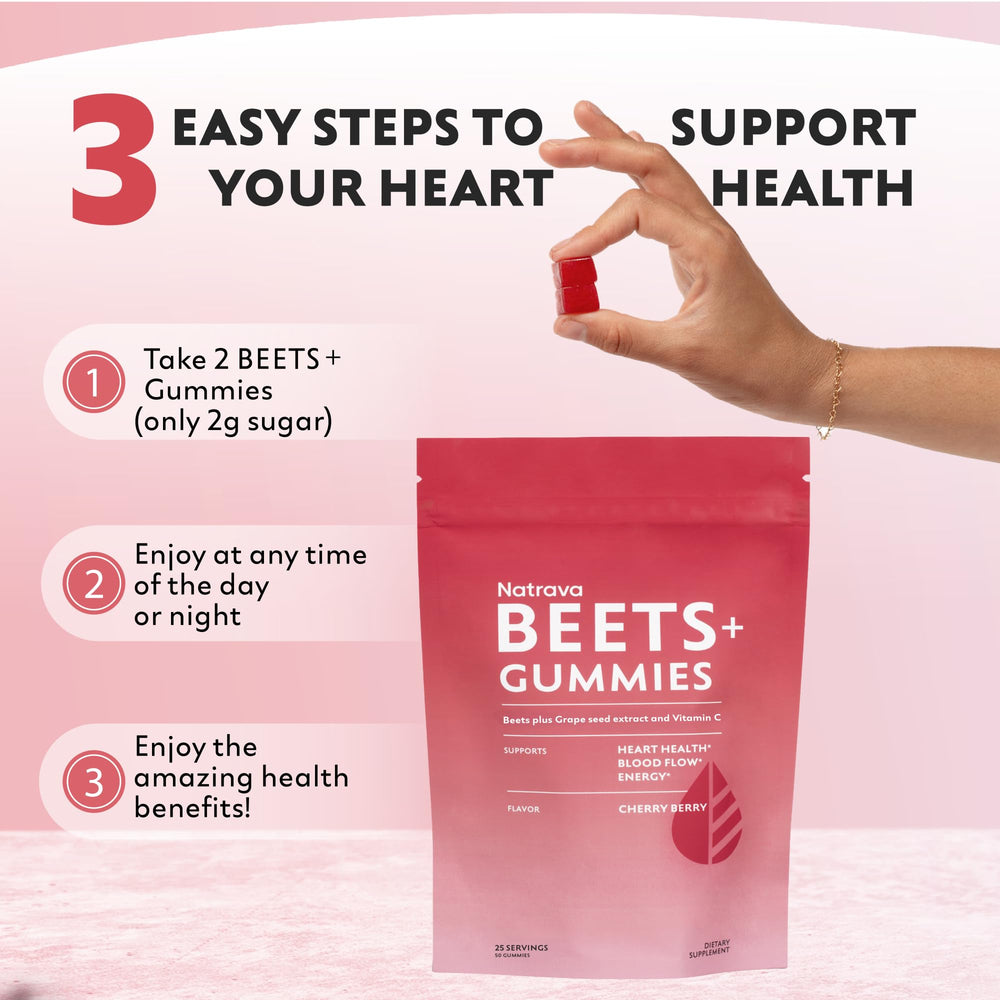 Natrava Beets+ Gummies package back lists nutrition and sugar.