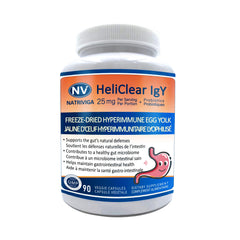 NATRIVIGA Heliclear IgY bottle front for daily immune and gut support.