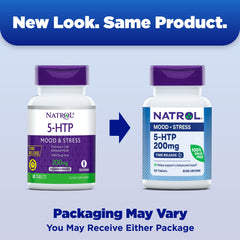 Close-up of Natrol 5-HTP bottle label showing 200 mg dosage