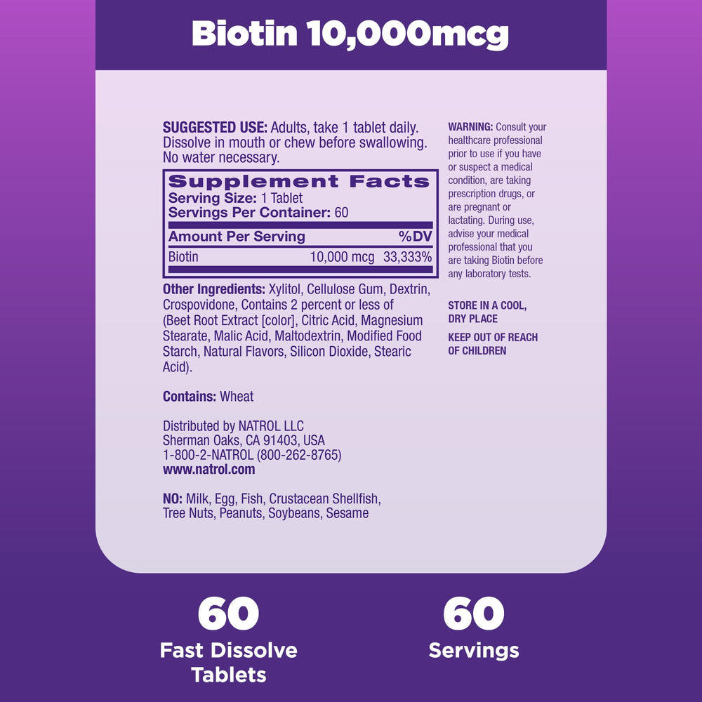 Display of Natrol Beauty Biotin 12-pack for ongoing daily supplementation.
