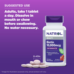 Non-GMO vegetarian Natrol Beauty Biotin formula for everyday nutrition.