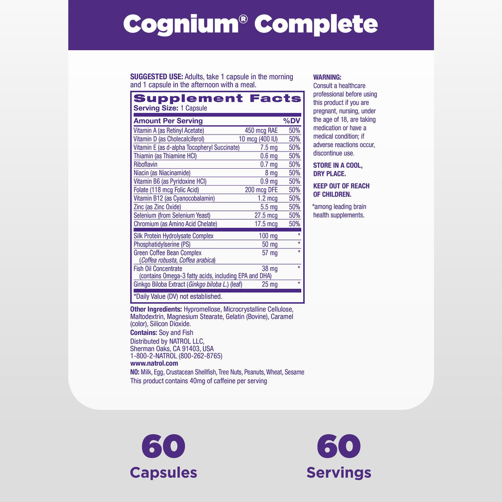 Natrol Cognium Complete packaging box emphasizes a 60-count bottle