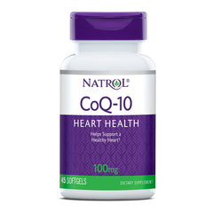Natrol CoQ-10 softgels bottle highlighting heart energy support.