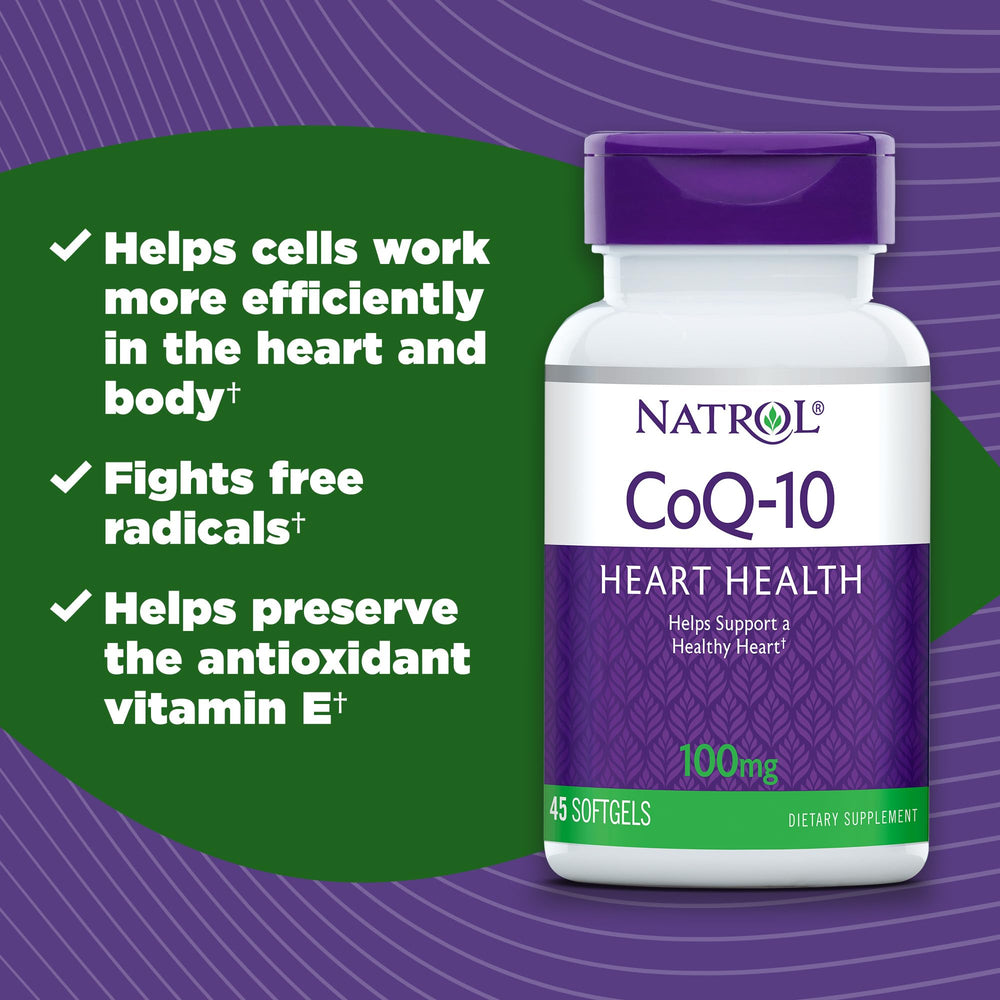 Natrol CoQ-10 softgels bottle close-up showing easy-to-swallow capsule.